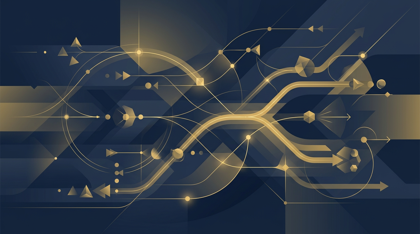 Abstract illustration depicting a network of interconnected data points and lines, symbolizing immigration application flows and processing changes, in dark blue and gold.
