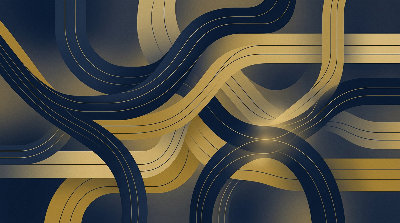 Abstract illustration in deep navy and gold, depicting flowing, interconnected lines that symbolize pathways and structured processes, representing changes in immigration procedures.