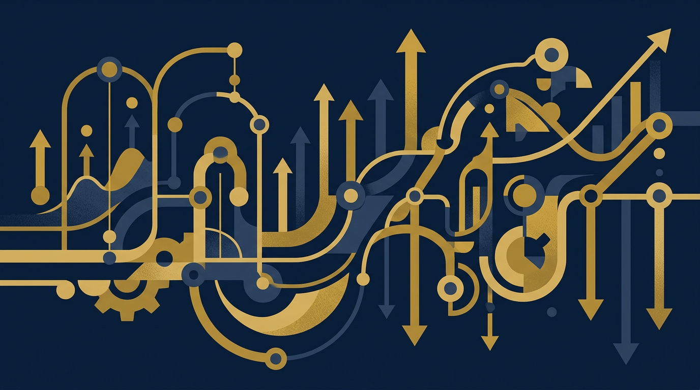 An abstract illustration of interconnected data points and lines, with some arrows pointing up and some down, against a deep navy background with gold accents, symbolizing economic shifts and labor market changes.