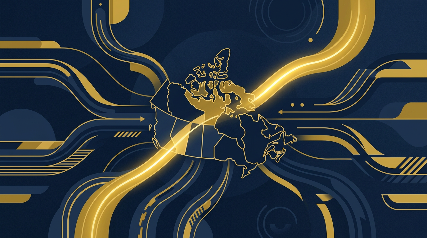An abstract illustration in deep navy and gold showing different immigration pathways leading to Canada, with one brightly lit path representing provincial nomination.
