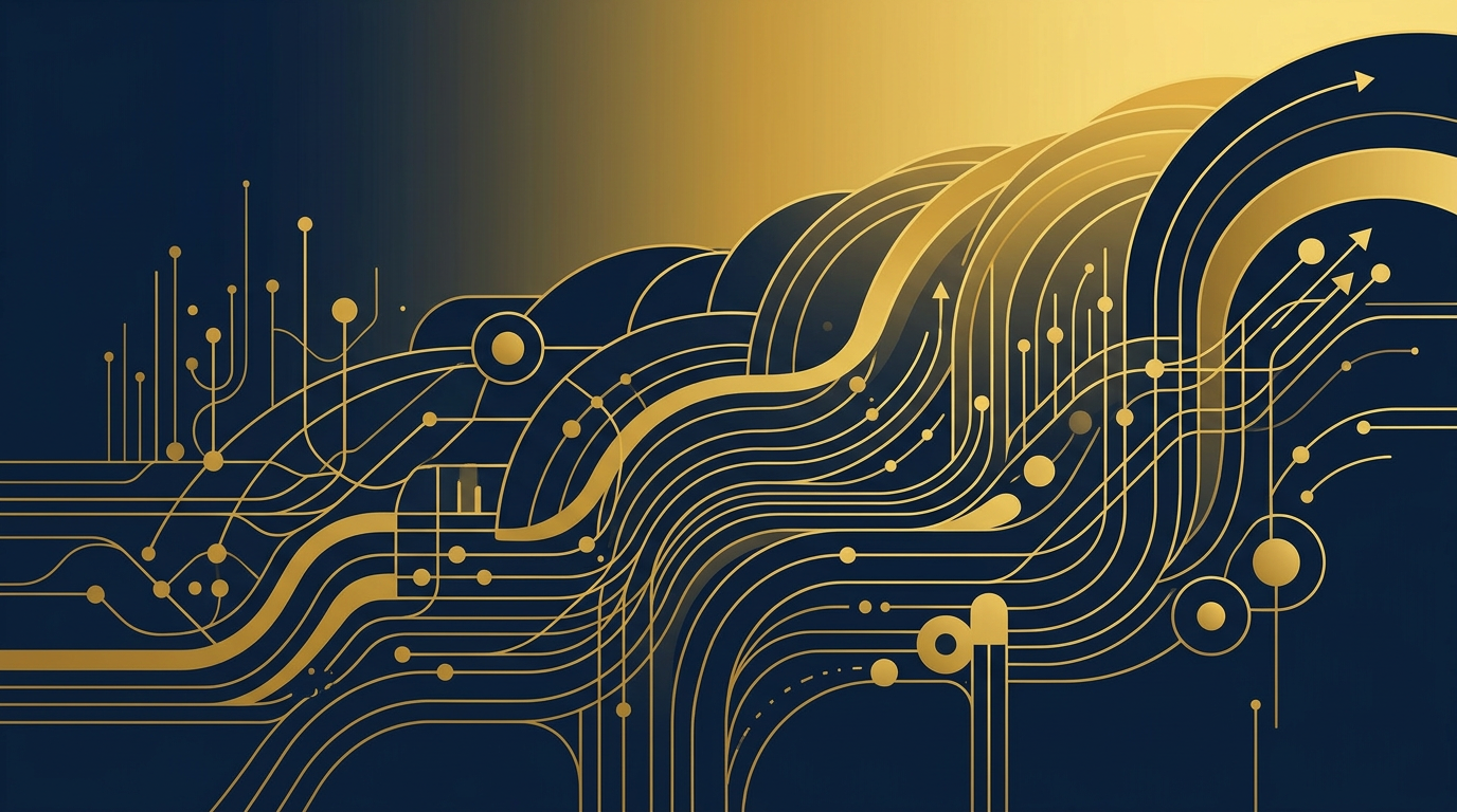An abstract illustration in deep navy and gold, showing interconnected lines and subtle upward flowing shapes, symbolizing the dynamic nature of immigration data and pathways.