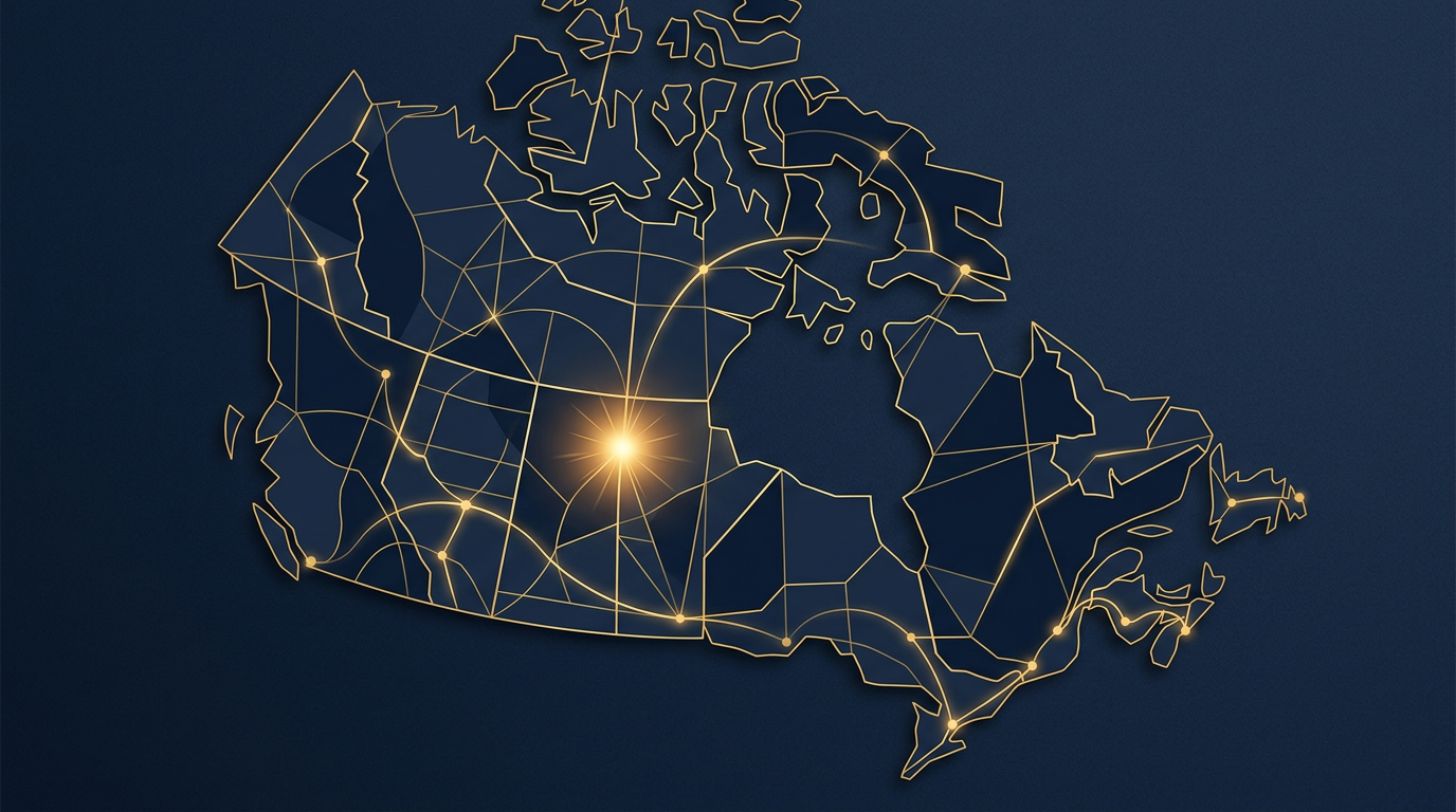An abstract illustration with deep navy and gold geometric shapes, symbolizing Canadian immigration pathways and opportunities.