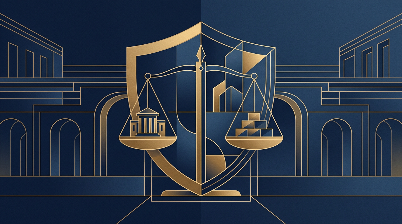 Editorial graphic illustrating regulatory compliance and legal protection in deep navy and gold tones
