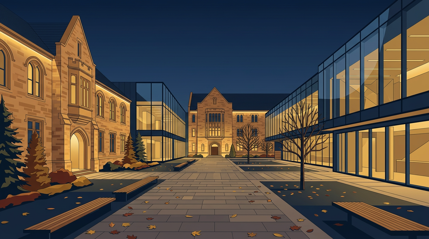 Editorial illustration of a distinguished Canadian university campus with modern and classic architecture under a navy sky.