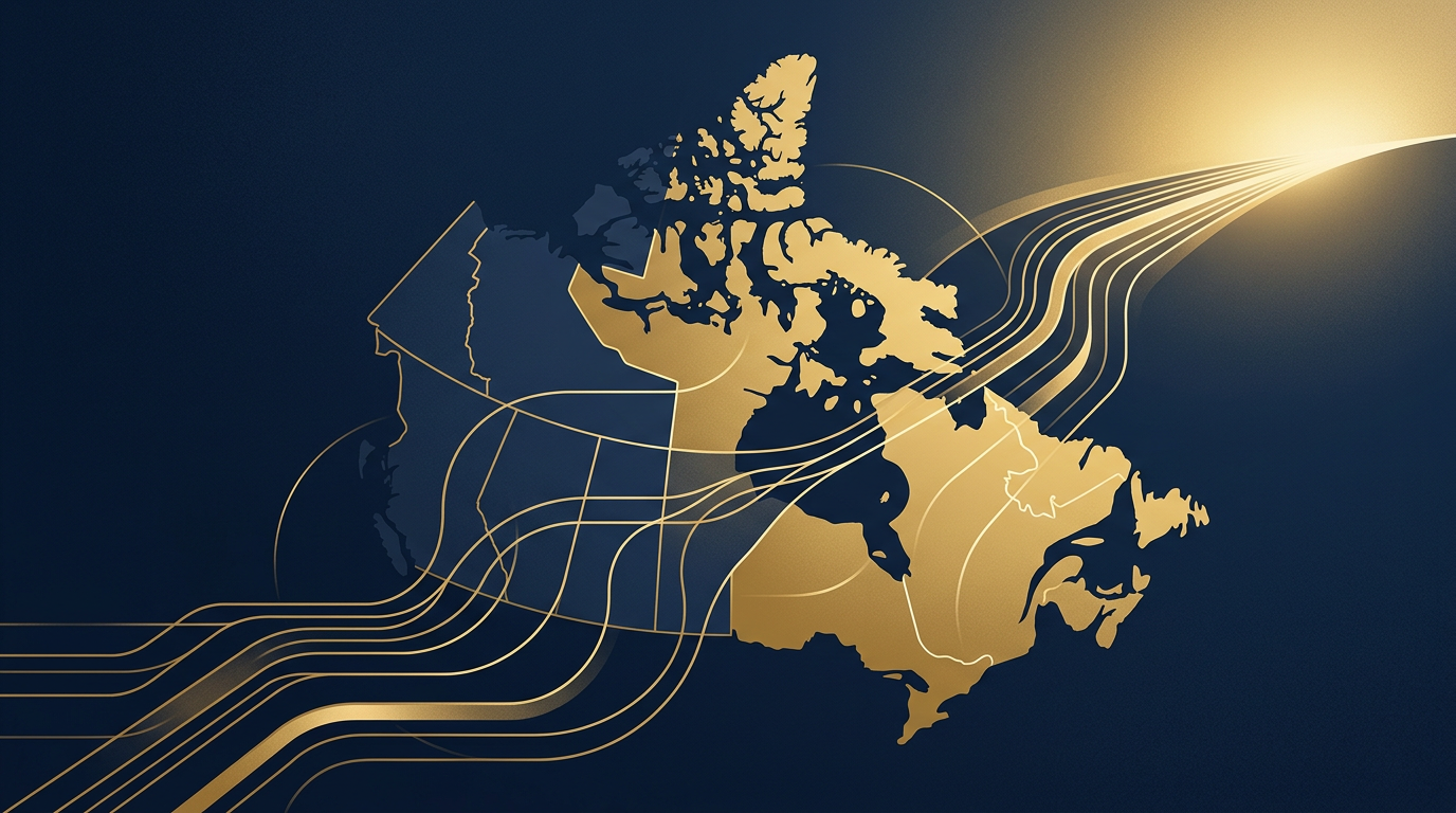 An abstract illustration in deep navy and gold, showing stylized pathways over a subtle map of Canada, symbolizing organized immigration routes and future opportunities.