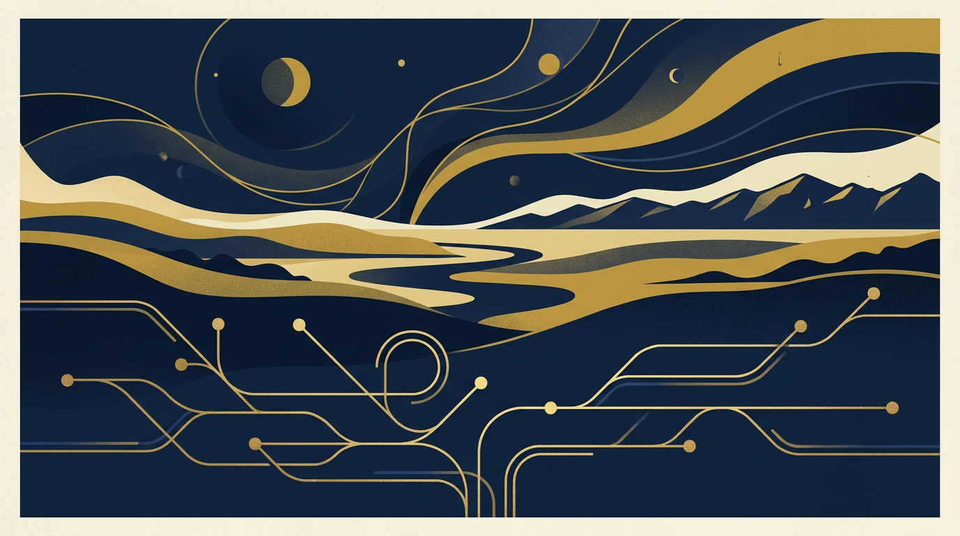 An abstract illustration depicting secure digital pathways over a serene Canadian landscape in deep navy and gold.