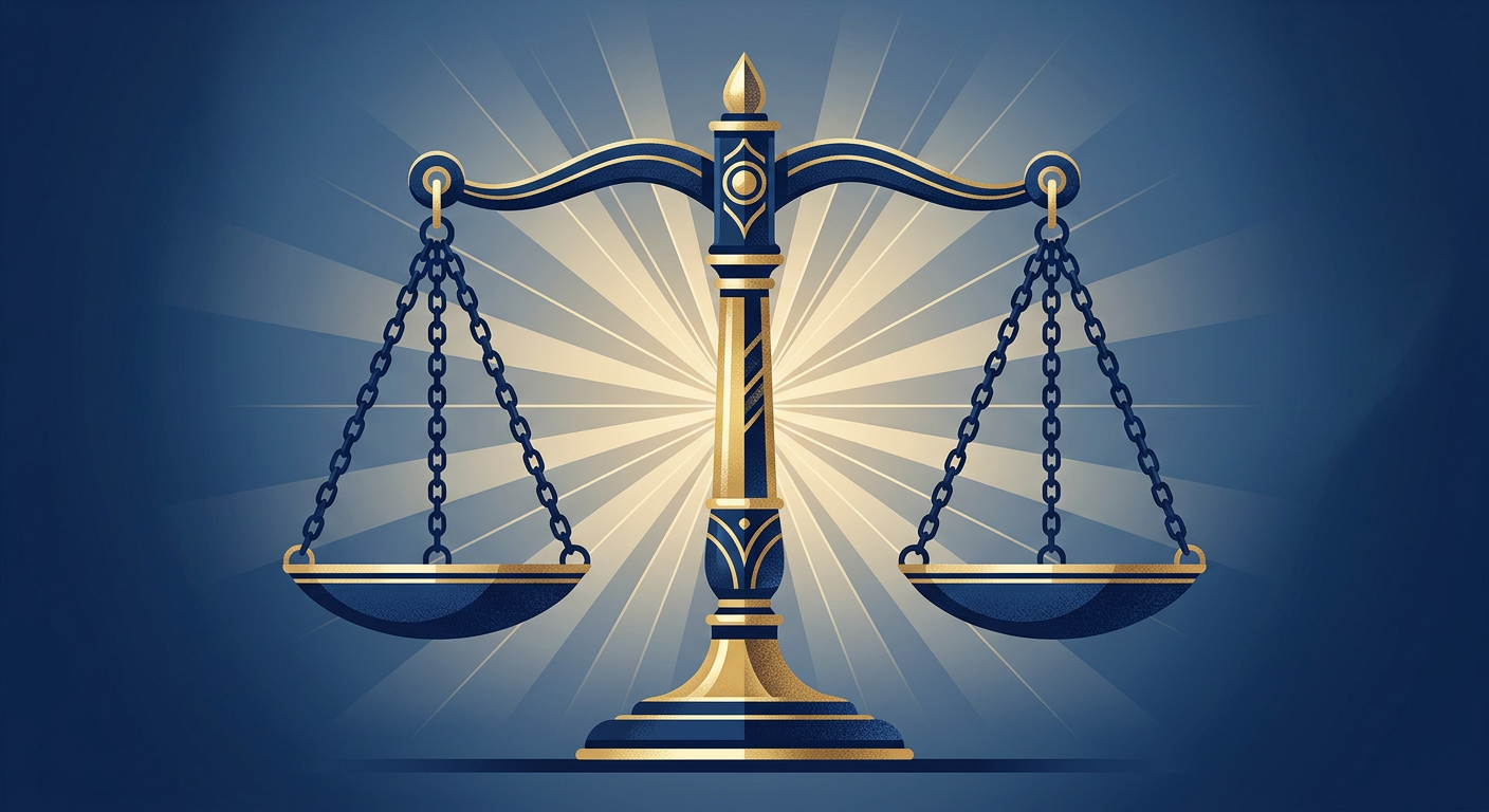 An abstract illustration in deep navy and gold showing a balanced scale, symbolizing fairness between employer compliance and worker rights in Canada's immigration programs.