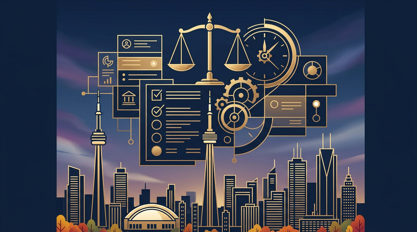 Editorial illustration depicting civic and regulatory administration in Ontario with geometric urban architecture and stylized symbolic scales in deep navy and gold.