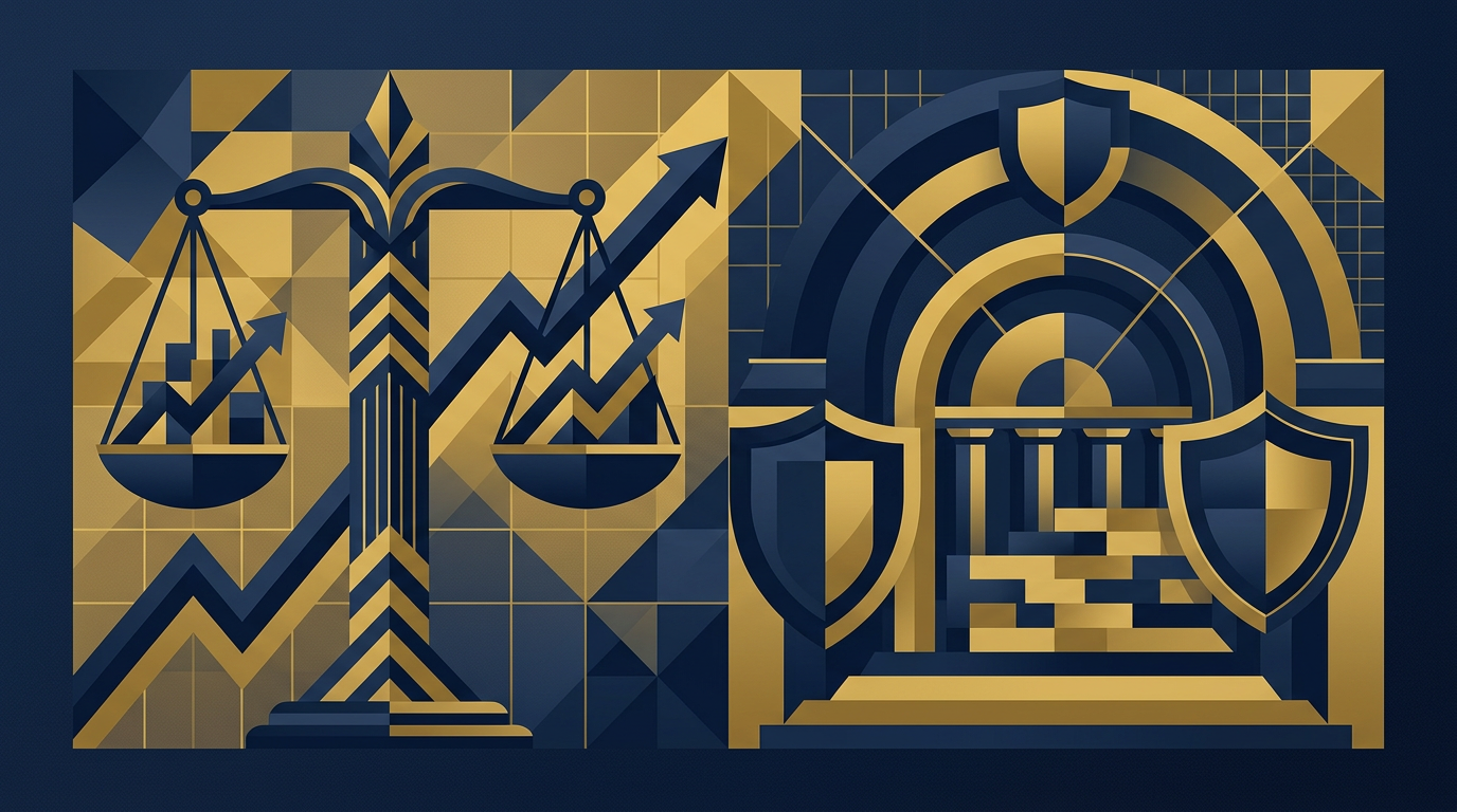 An abstract illustration in deep navy and gold, showing a balanced scale or interlocking shapes, symbolizing fairness and legal protection in employment.