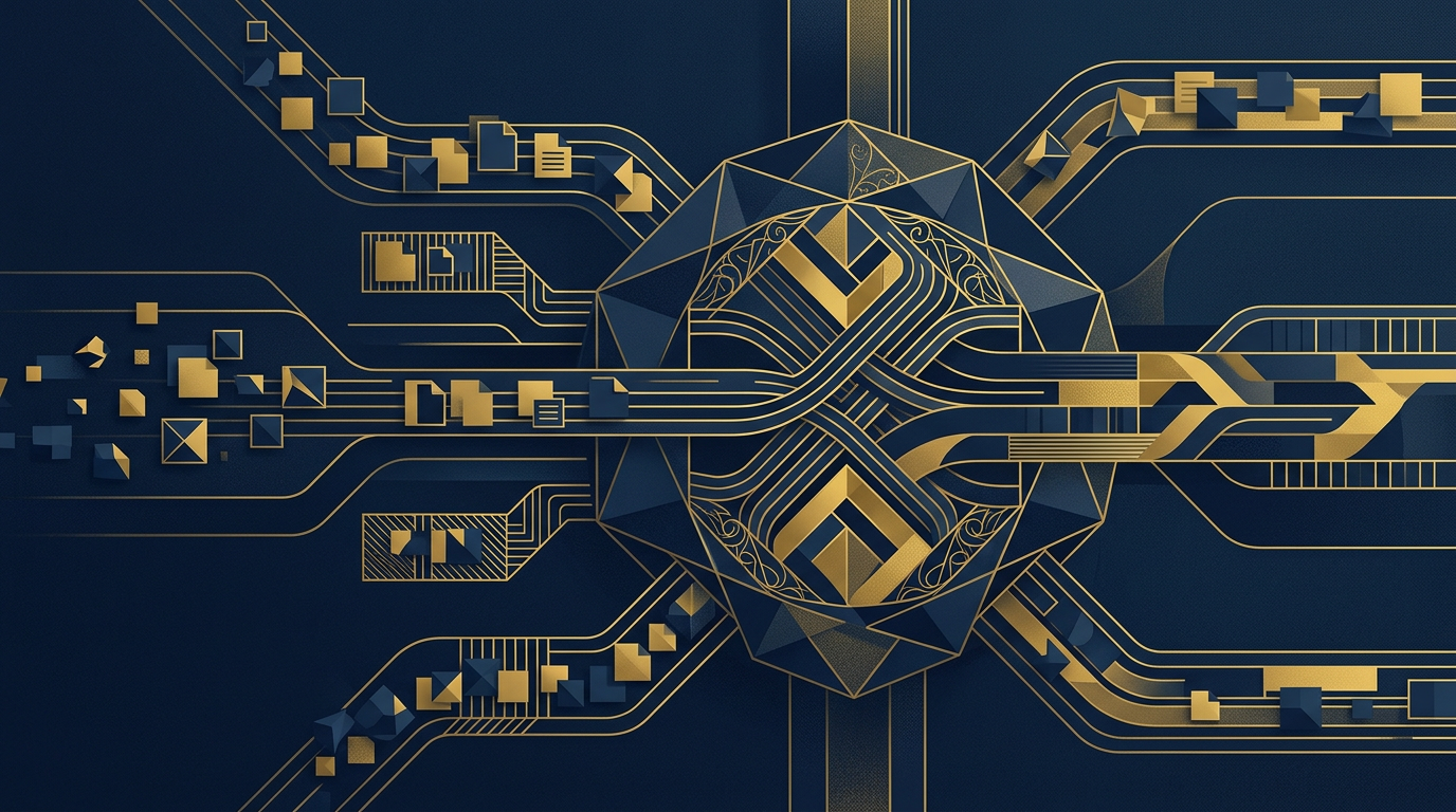 An abstract illustration in deep navy and gold, showing a stylized flow of documents or data, with some items in a waiting 'queue' and others moving through an active 'processing' stage, symbolizing the new IRCC application inventory reporting.