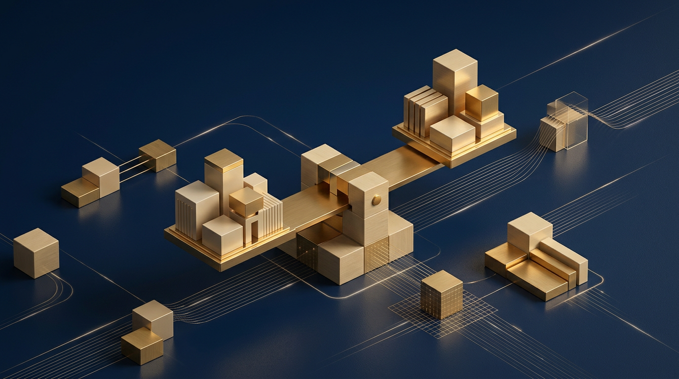 Abstract editorial illustration of balancing geometric gold and navy elements symbolizing immigration points and system criteria.
