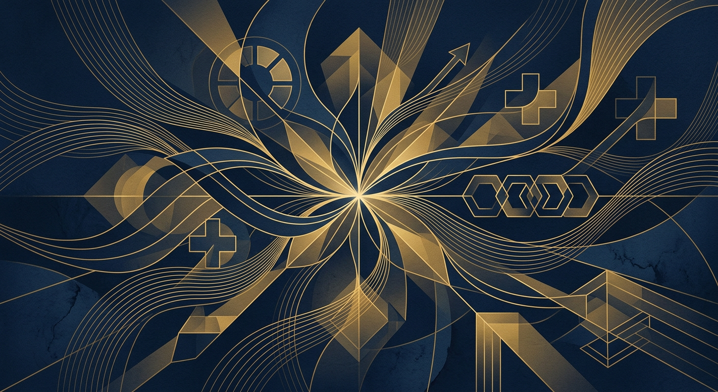 An abstract illustration in deep navy and gold, showing intertwining lines and geometric patterns, symbolizing connections and pathways in immigration.