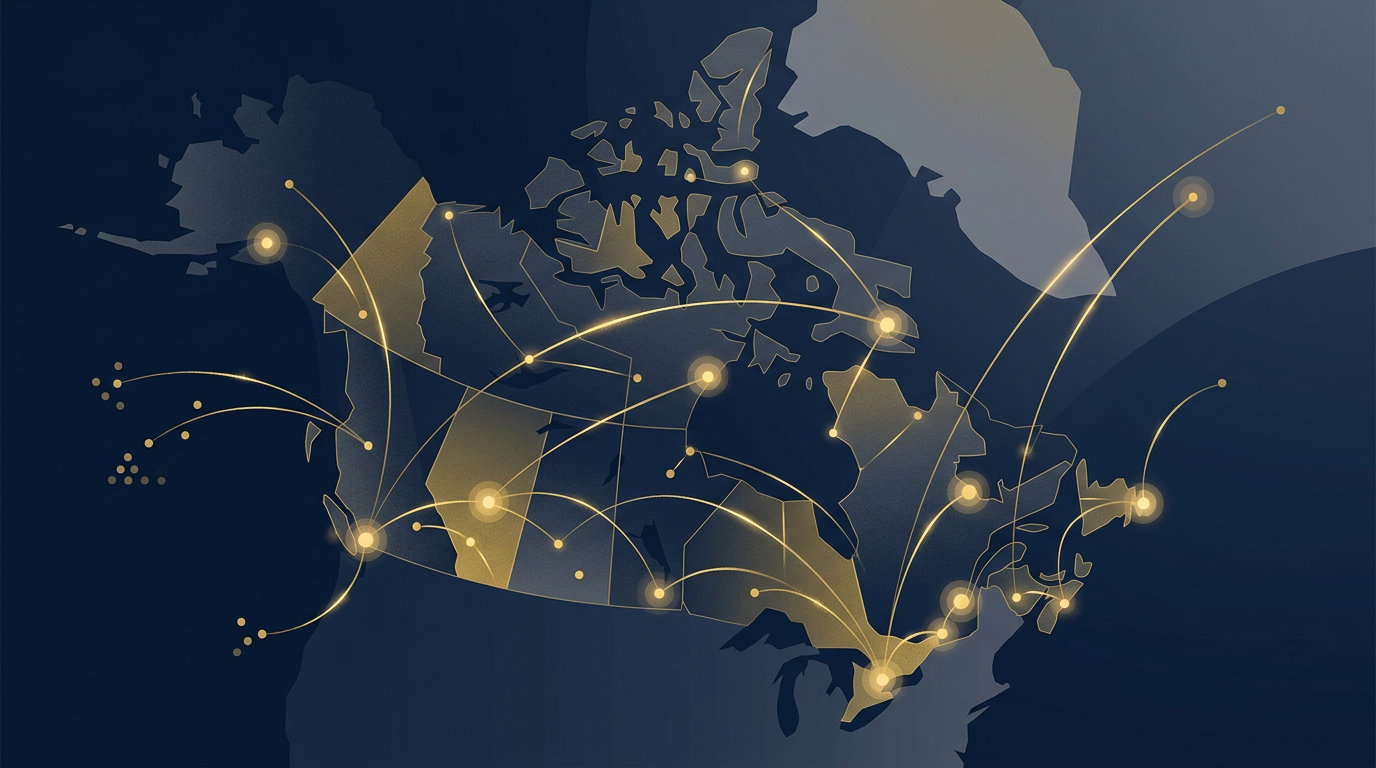 An abstract illustration of Canada with glowing lines, symbolizing pathways for skilled professionals in a deep navy and gold color scheme.