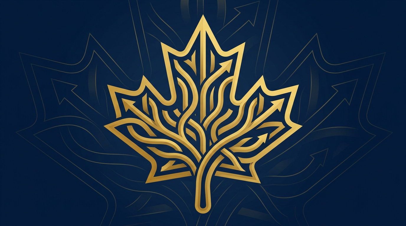 An abstract illustration depicting a stylized golden maple leaf, suggesting a journey or pathway towards Canada. The background is a deep navy blue.