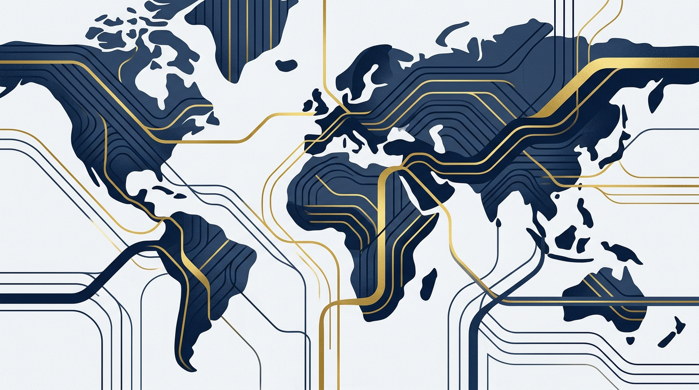 Abstract illustration with flowing lines and shapes in deep navy and gold, symbolizing immigration pathways and policy connections. No text or people.