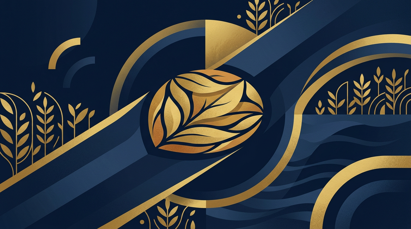 An abstract editorial illustration in deep navy and gold, depicting a stylized journey or border with an integrated health safety symbol, conveying professional and calm guidance.