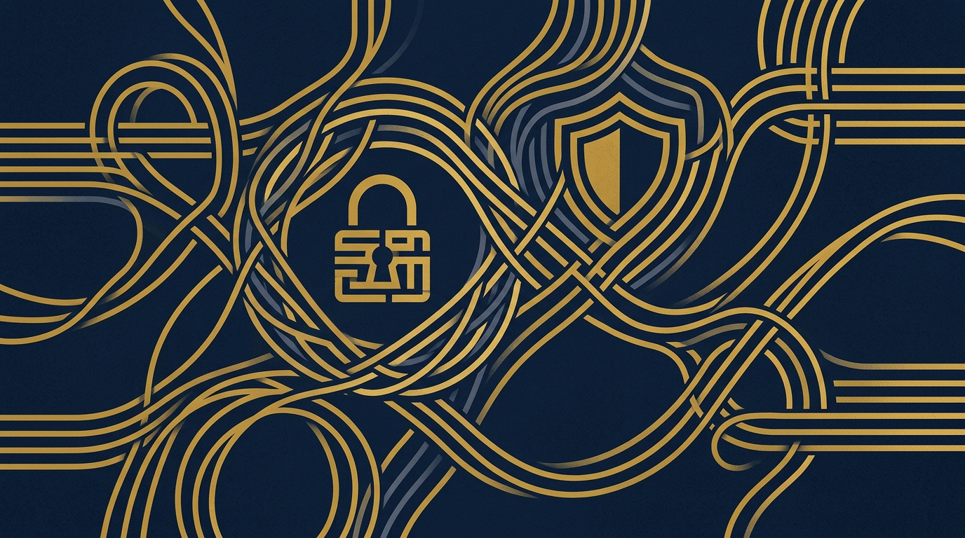 An abstract illustration depicting digital security with interwoven lines and subtle shield icons in deep navy and gold, symbolizing enhanced financial protection and interconnectedness.