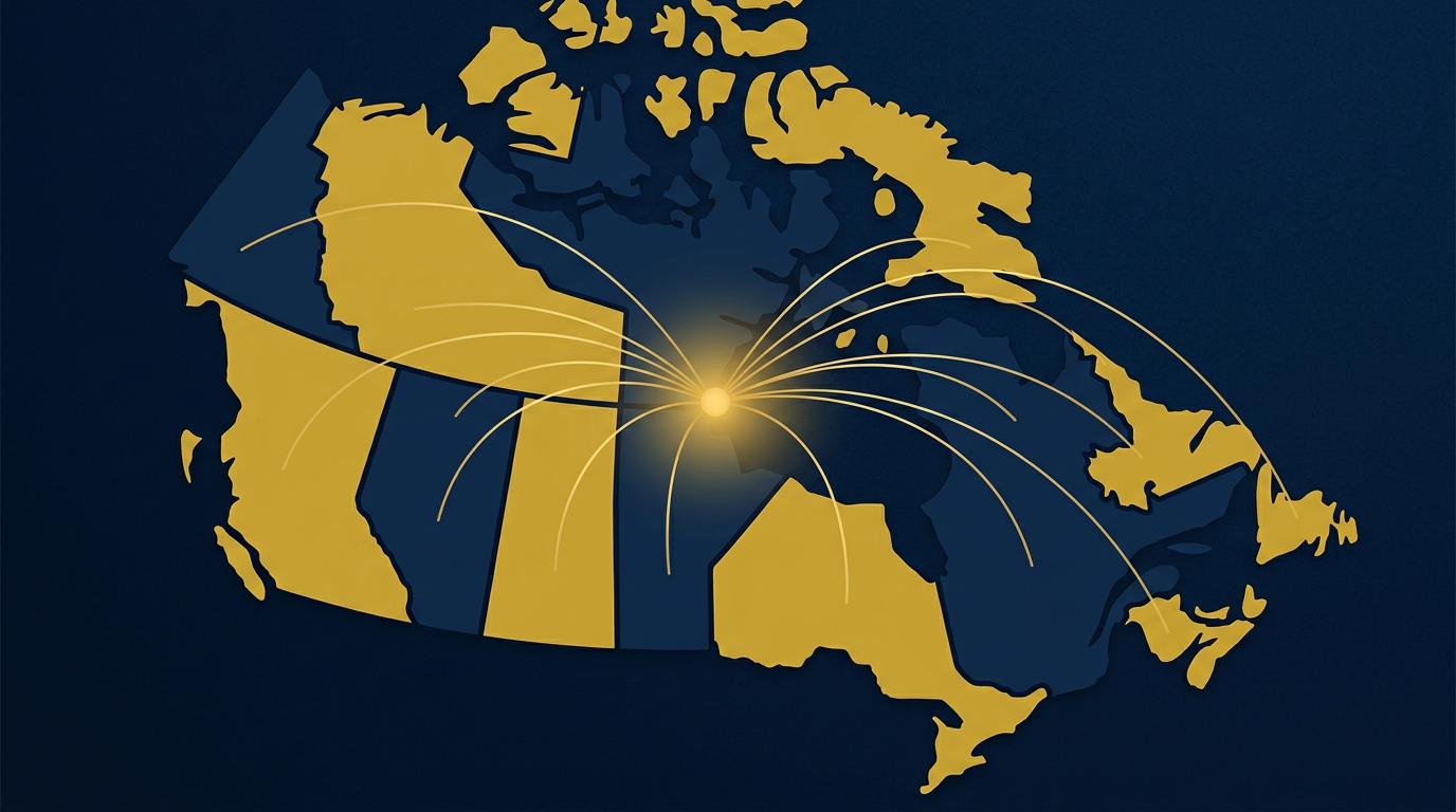 Stylized map of Canada in deep navy and gold, with glowing lines indicating immigration paths to a central point, representing opportunity and unity.