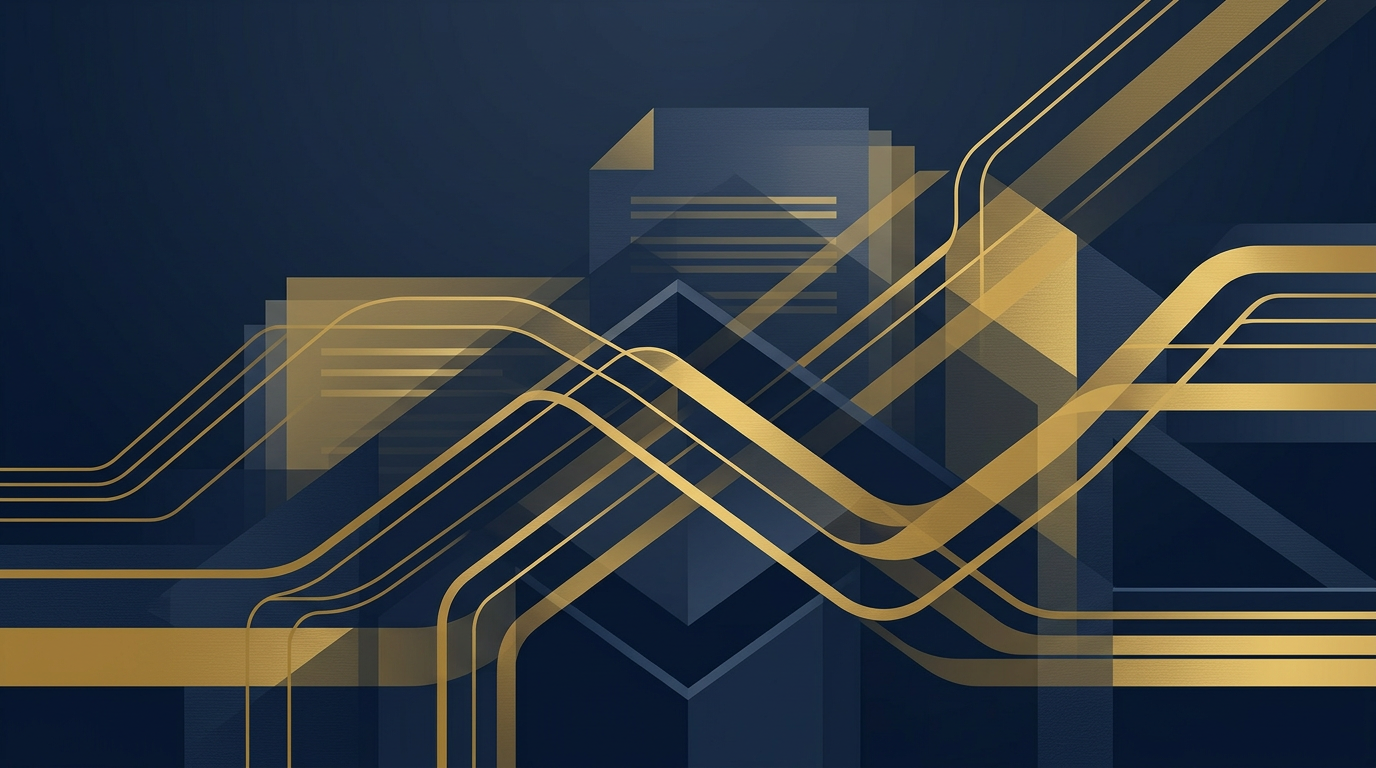 An abstract illustration in deep navy and gold, featuring geometric shapes and gentle lines symbolizing stability, official processes, and guidance. The design is clean and professional.