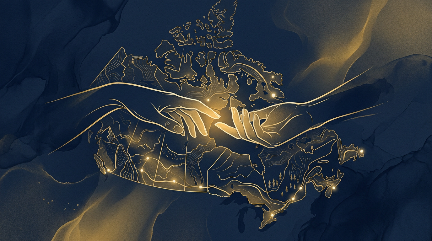 An abstract image showing two hands reaching out towards each other above a subtle map of Canada, in deep navy and gold colors, symbolizing support for disabled Canadians.