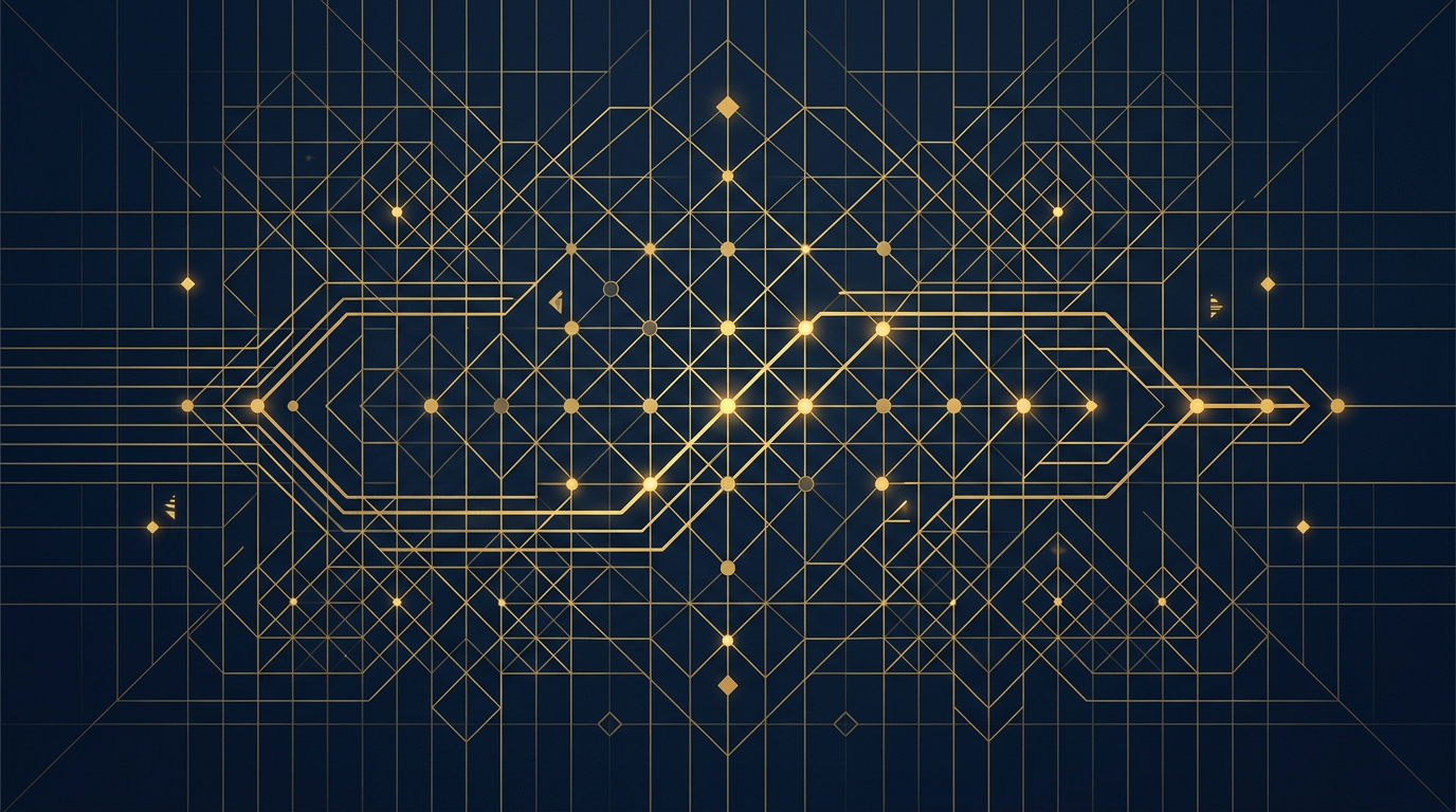 Abstract illustration of interconnected geometric lines and points in deep navy and gold, representing a new, complex scoring or evaluation system for immigration.