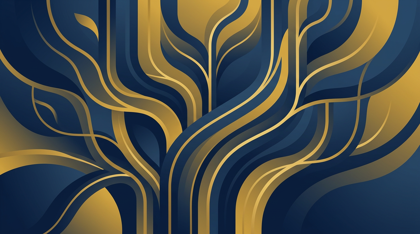 An abstract illustration with deep navy and gold hues, depicting interconnected lines suggesting growth and strategic planning, without any national symbols or people.