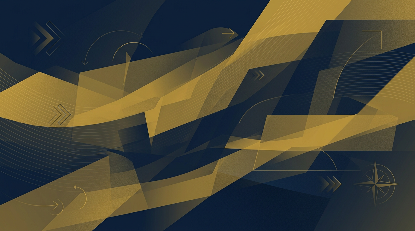 An abstract illustration in deep navy and gold, symbolizing policy transitions in Canadian immigration. Layers of geometric shapes overlap, suggesting change and evolution.