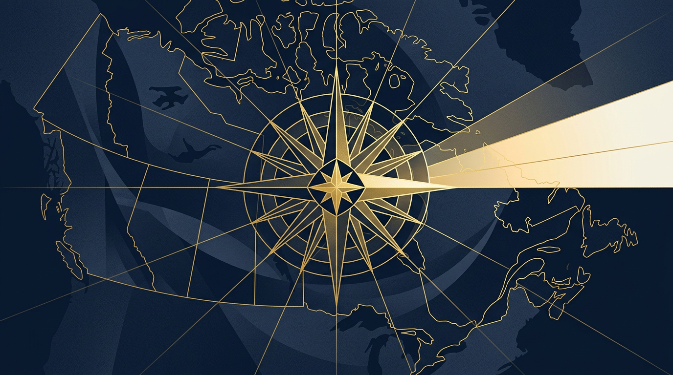 An abstract illustration featuring a golden compass rose over a deep navy map of Canada, symbolizing guidance and pathways for immigration. The compass points towards a bright horizon.