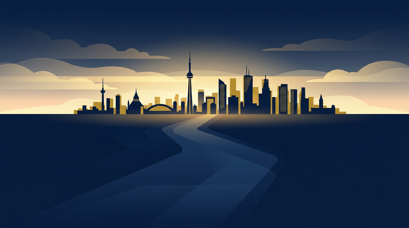 An abstract illustration depicting a deep navy pathway moving towards a golden, subtly silhouetted Canadian city skyline at dawn, symbolizing an immigration journey.