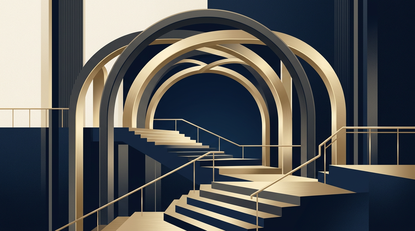 Editorial geometric illustration in deep navy and gold tones representing structured immigration pathways
