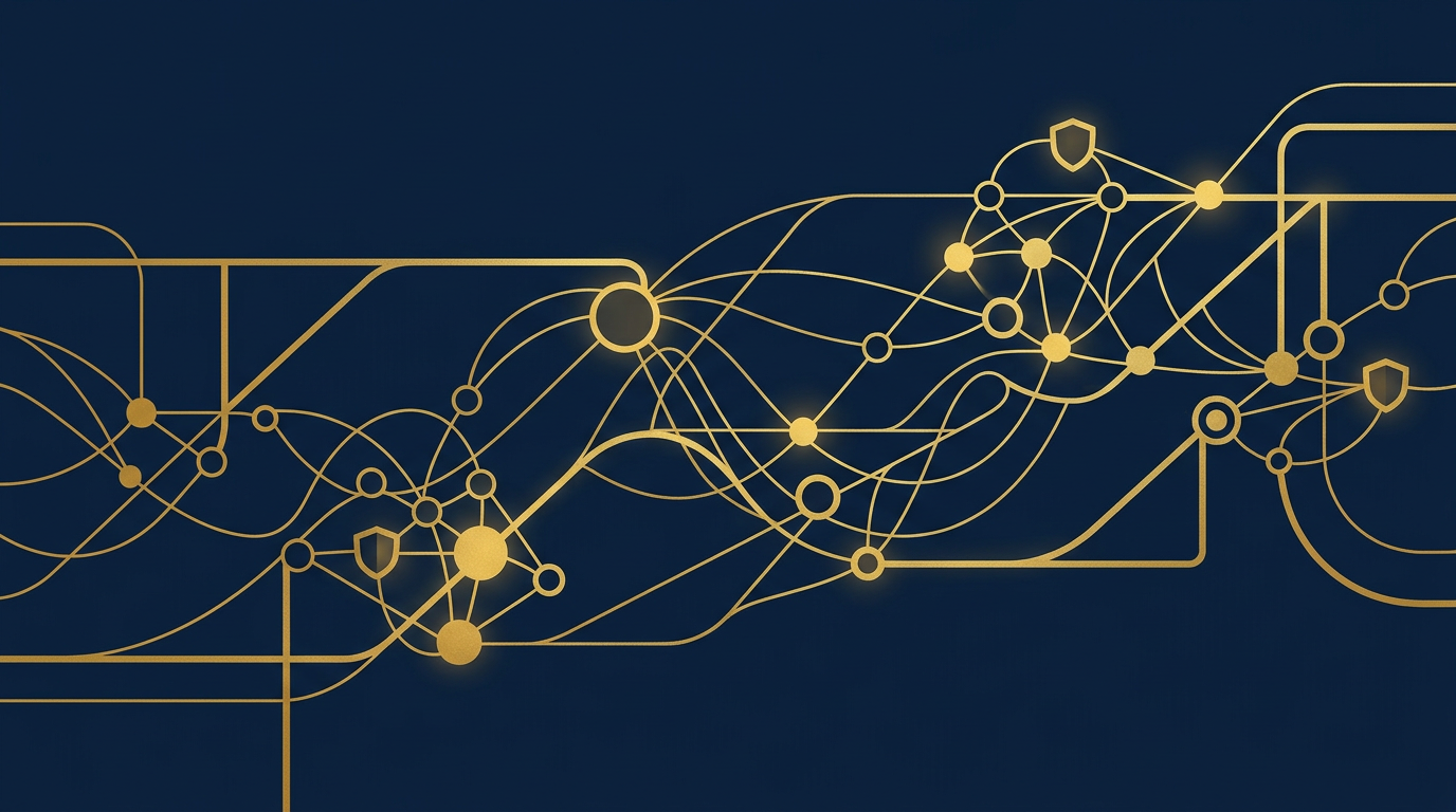 An abstract editorial illustration featuring intertwined golden lines against a deep navy background, symbolizing communication and interconnectedness in a professional manner.