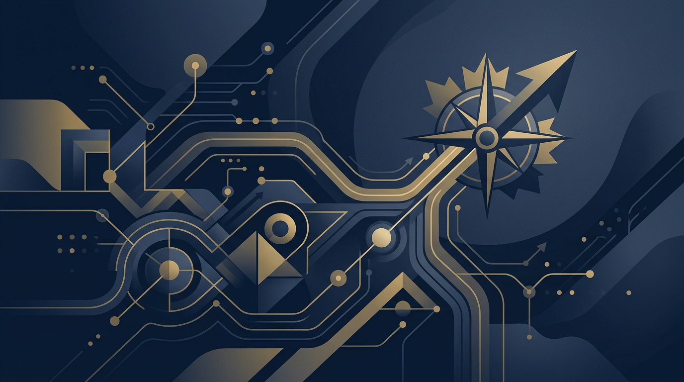 An abstract illustration in deep navy and gold, depicting interconnected pathways and future planning, symbolizing guidance through Canadian federal changes.