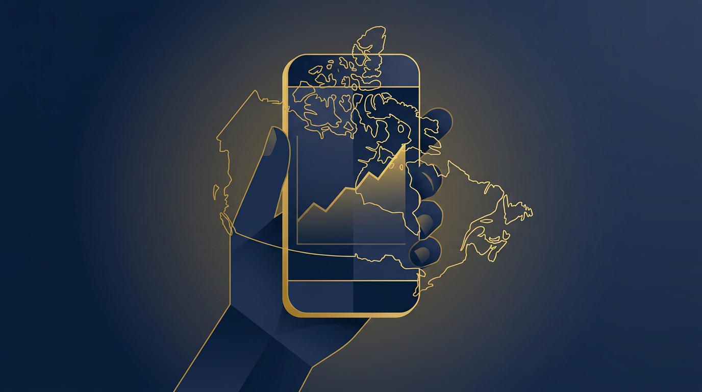 An abstract illustration depicting a hand holding a smartphone, subtly showing an upward trending graph over a faint Canadian map, rendered in deep navy and gold, symbolizing rising costs in Canadian telecommunications.