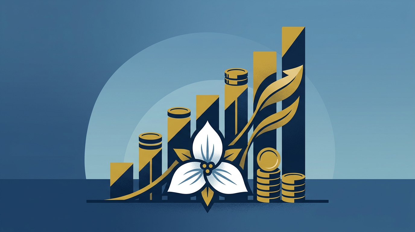 An abstract illustration in deep navy and gold, showing a stylized trillium flower merged with upward-trending financial graphs, symbolizing Ontario's Trillium Benefit and financial growth. The background is a soft blue gradient.
