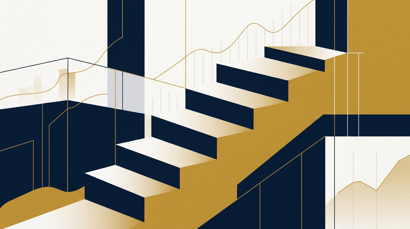 Editorial illustration with deep navy and gold geometric tiers symbolizing economic evaluations in Canadian professional immigration.