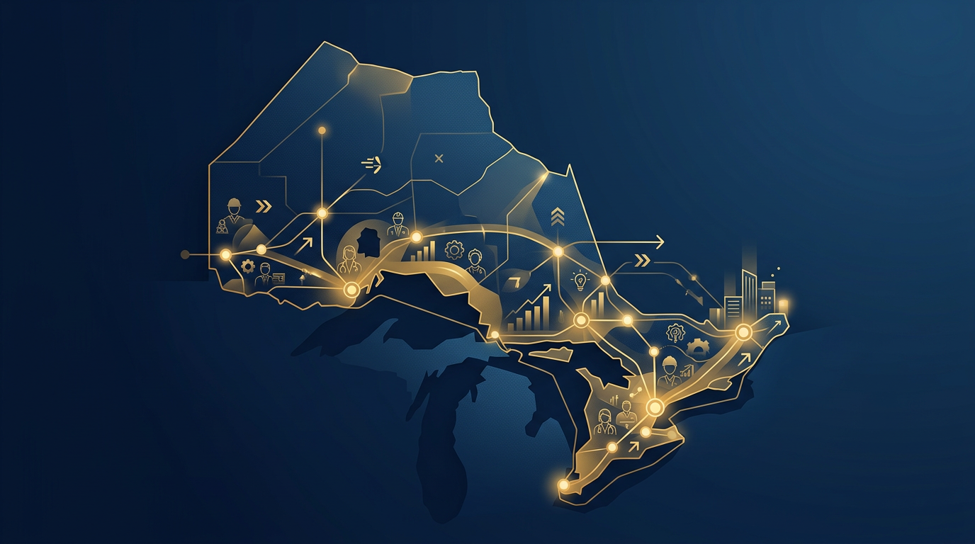 Stylized map of Ontario with golden pathways connecting various regions, symbolizing regional economic development and immigration, set against a deep navy background.