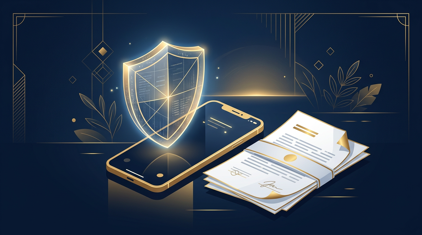 Editorial illustration representing digital cybersecurity and newcomer consumer safety in Canada, rendered in navy blue and gold tones.
