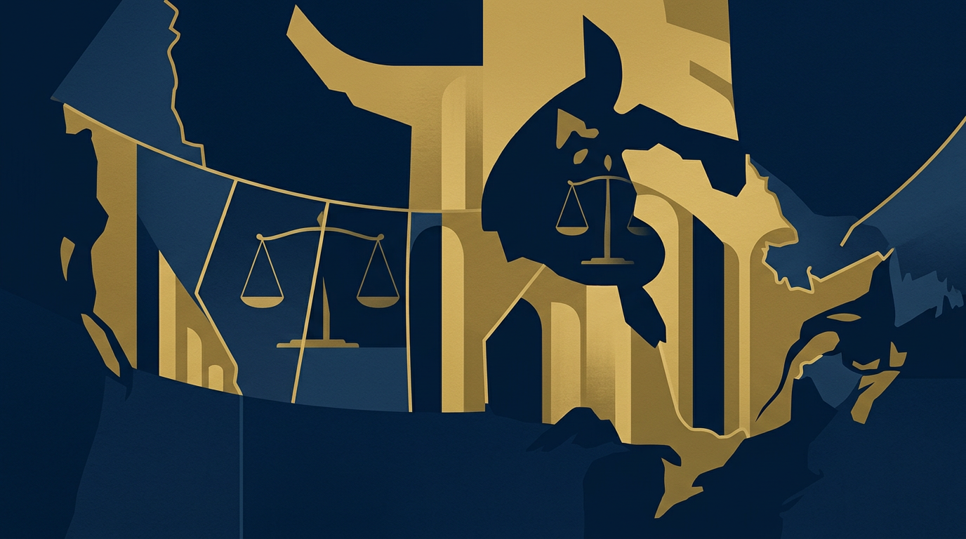 Editorial illustration depicting regional legal frameworks and provincial boundaries in deep navy and gold tones.