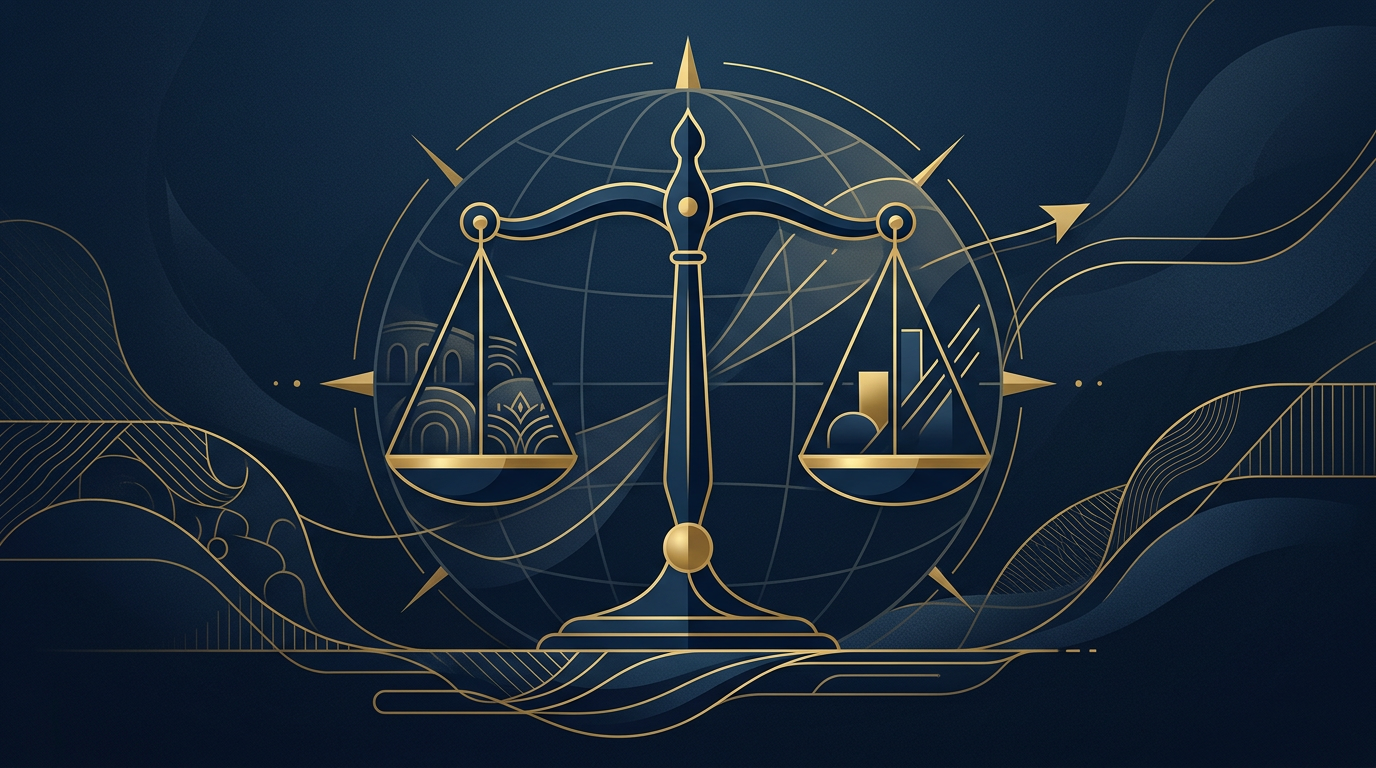 Abstract illustration depicting balanced scales of justice with subtle global lines, in deep navy and gold, symbolizing fairness in immigration law.