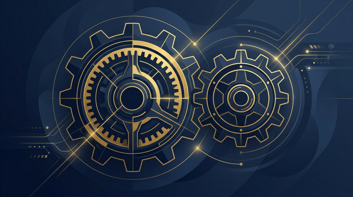 An abstract illustration of two perfectly interlocking gears in deep navy and gold, symbolizing the precise alignment required for a successful immigration application process.