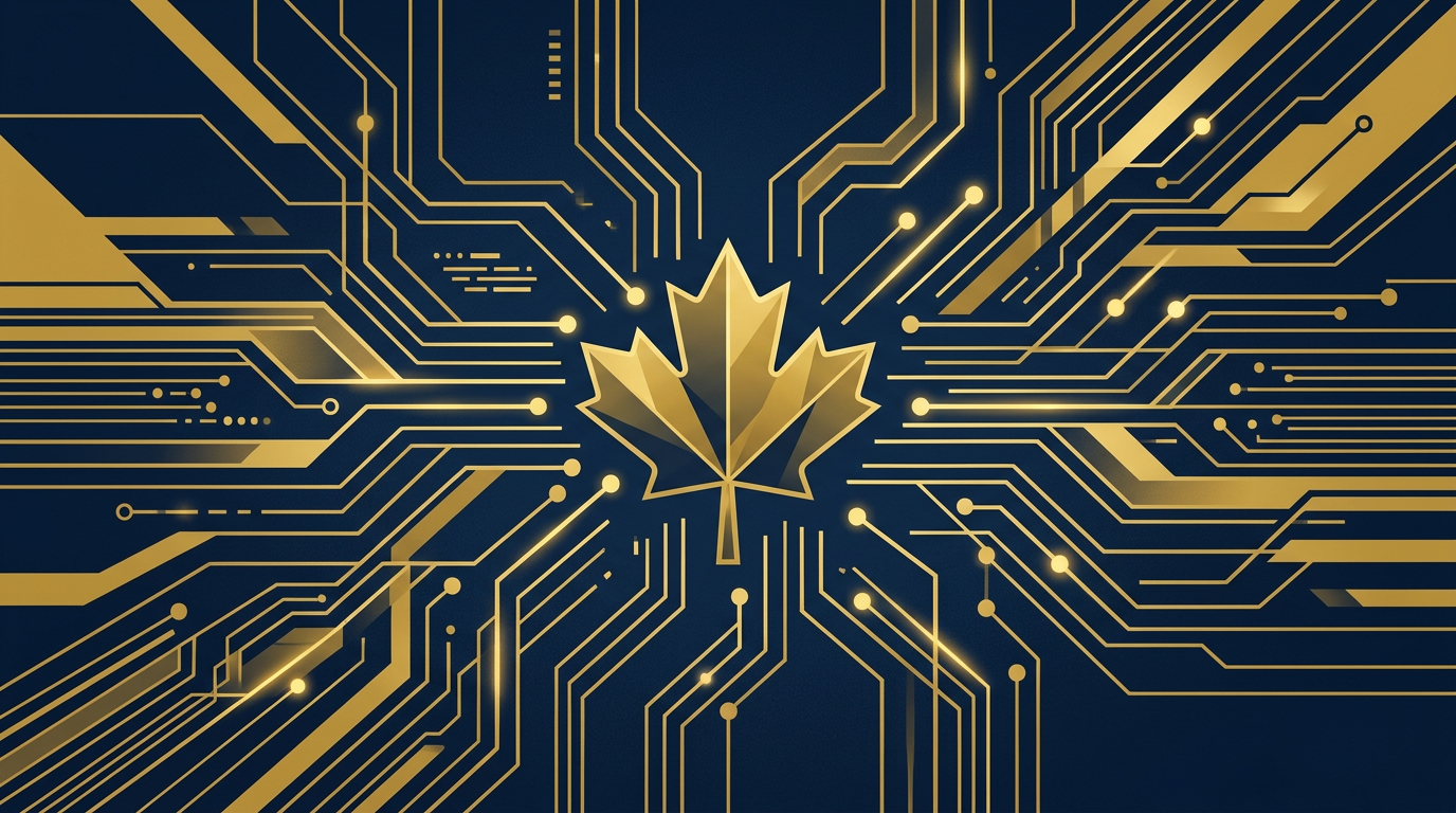 Abstract illustration of digital network lines and nodes converging on a golden maple leaf, set against a deep navy background, symbolizing Canada's modernized Express Entry system.