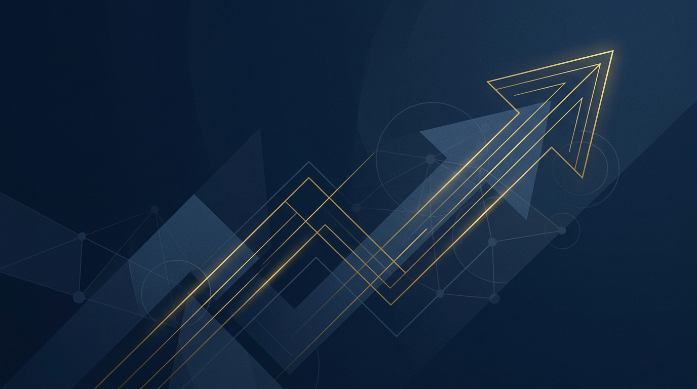 Abstract illustration with gold lines forming an upward path on a deep navy background, symbolizing career progression and Canadian immigration.