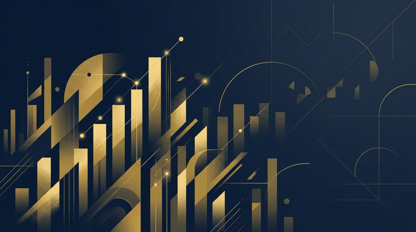 An abstract illustration depicting a shift in trend, with strong upward bars transitioning to more spaced-out, lower bars, using deep navy and muted gold to symbolize a change in pace for immigration draws.
