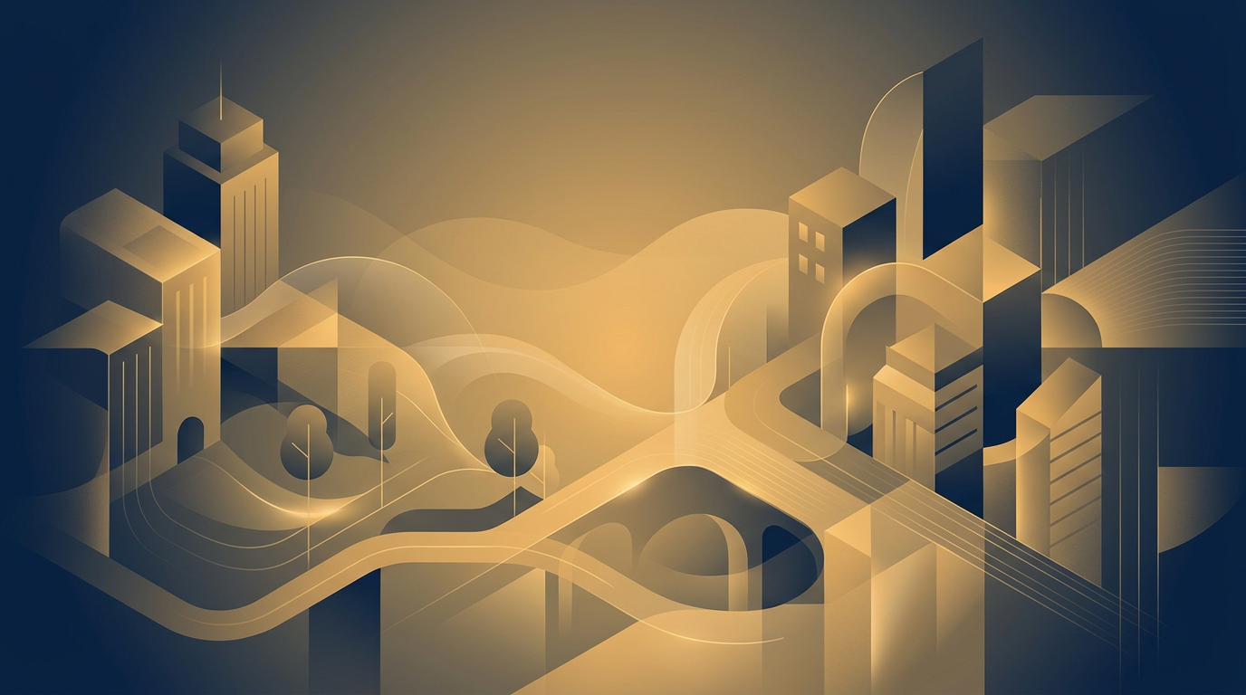 Abstract illustration symbolizing urban safety and community well-being, with interconnected shapes and soft lines in deep navy and gold tones, representing a balanced and secure environment.