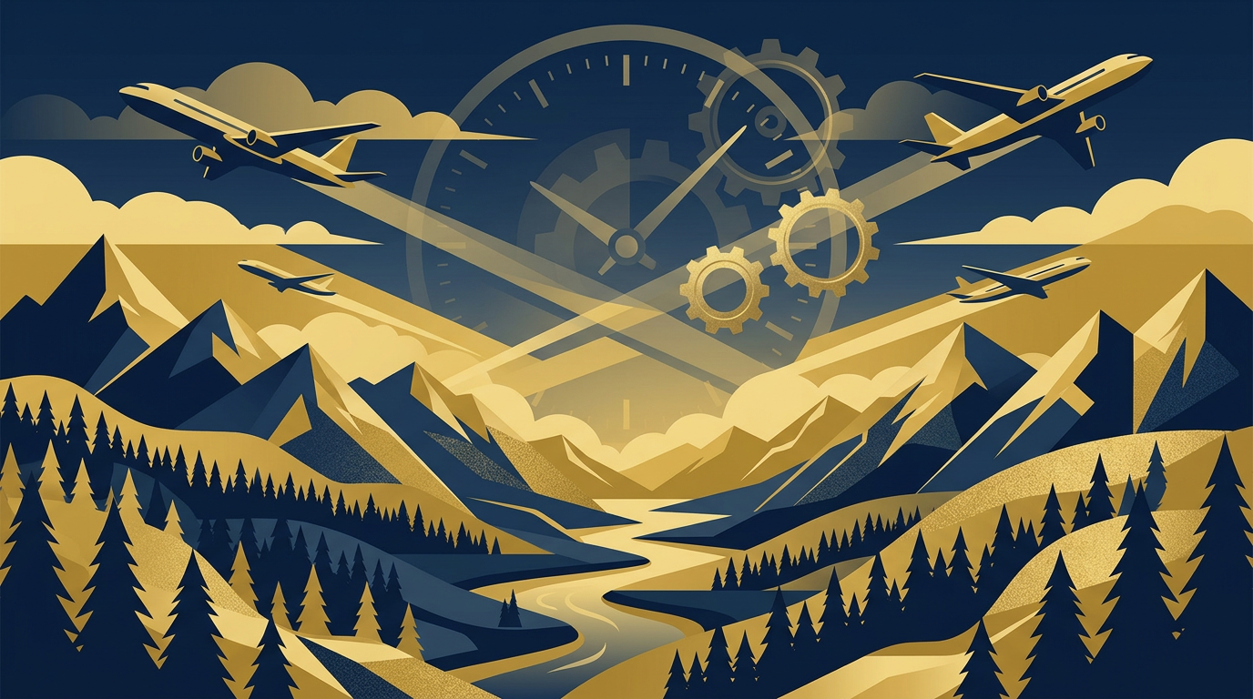 An abstract, professional illustration in deep navy and gold, showing stylized airplanes over Canadian landscapes and a subtle overlay of gears, symbolizing efficient new air travel regulations.