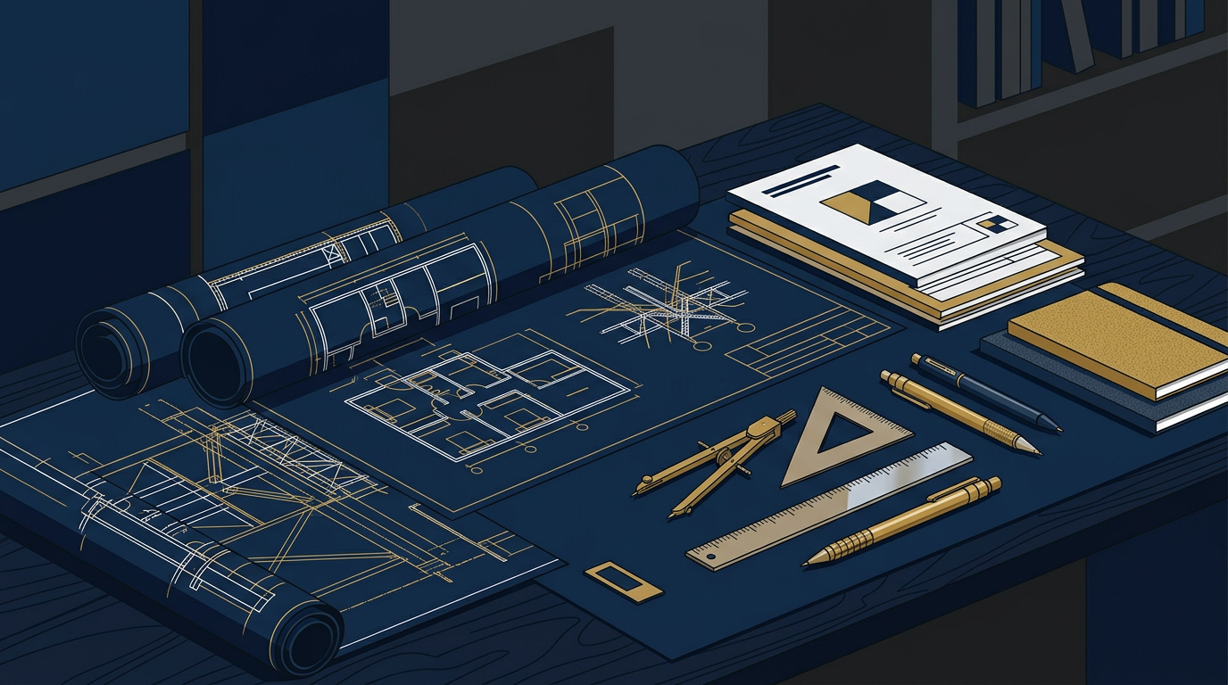 Editorial illustration in navy and gold depicting technical blueprints, drafting tools, and architectural geometric patterns.