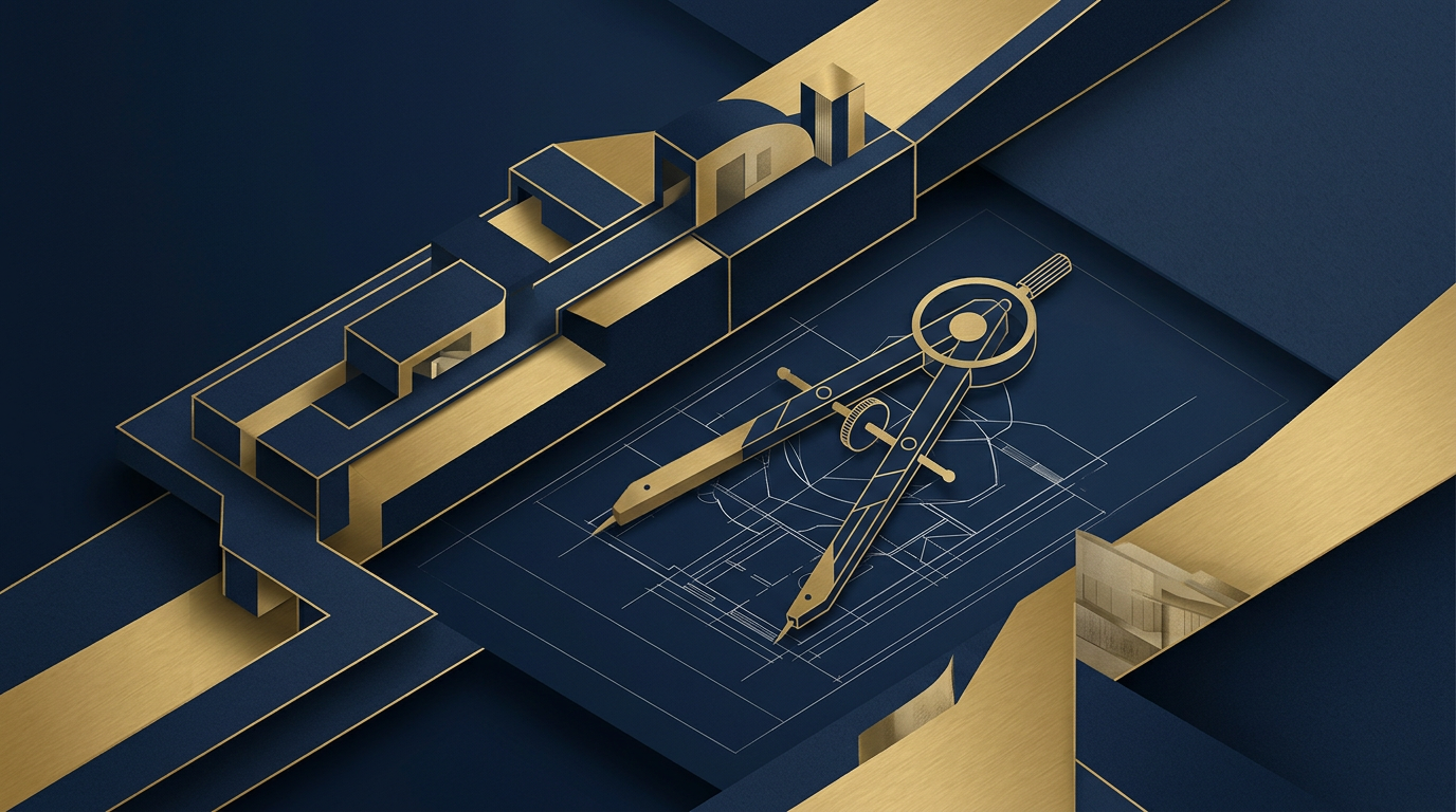 Editorial illustration with deep navy and gold geometric elements symbolizing Express Entry category selection and immigration assessment.