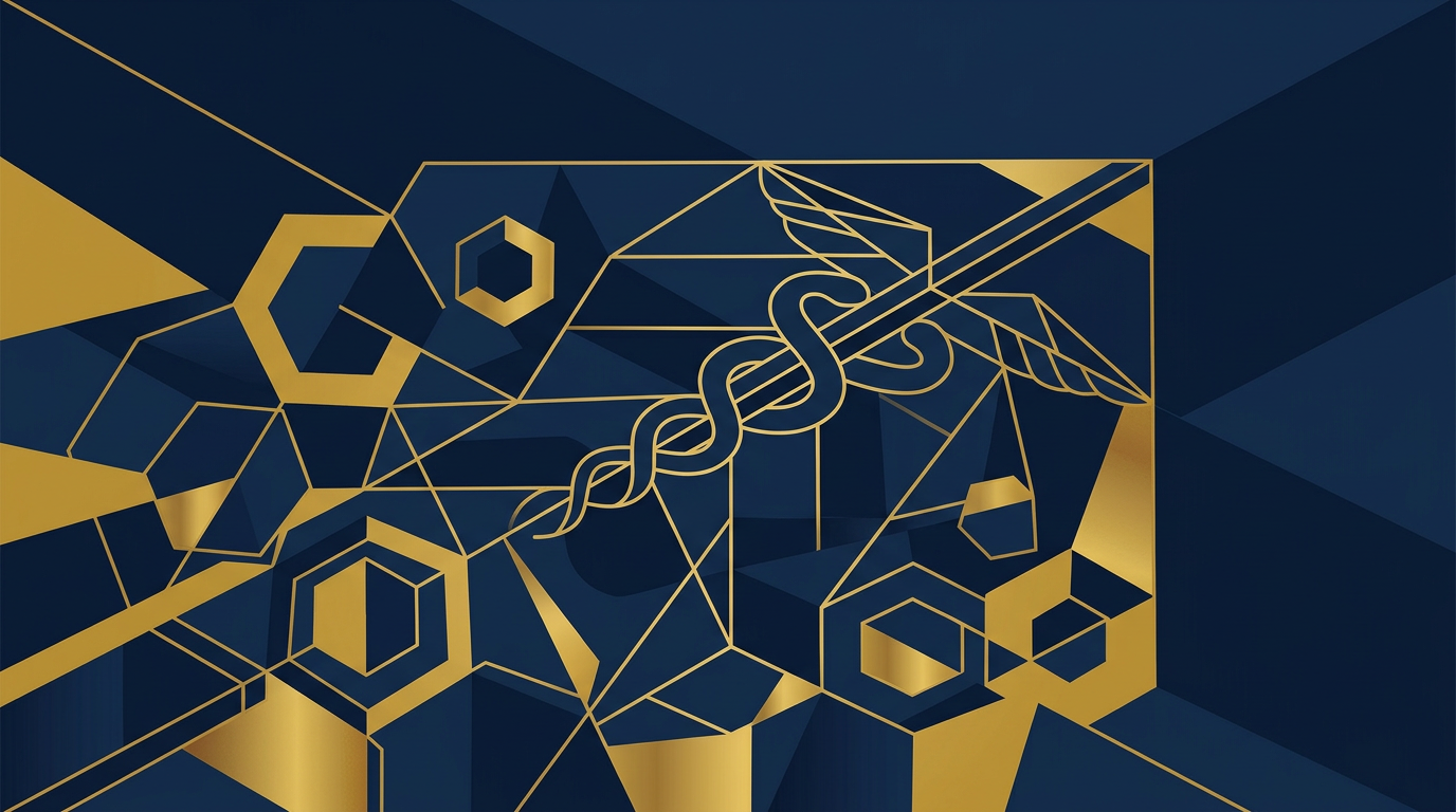 Abstract illustration in deep navy and gold, with geometric shapes hinting at a network and a subtle medical symbol, representing pathways in healthcare immigration.
