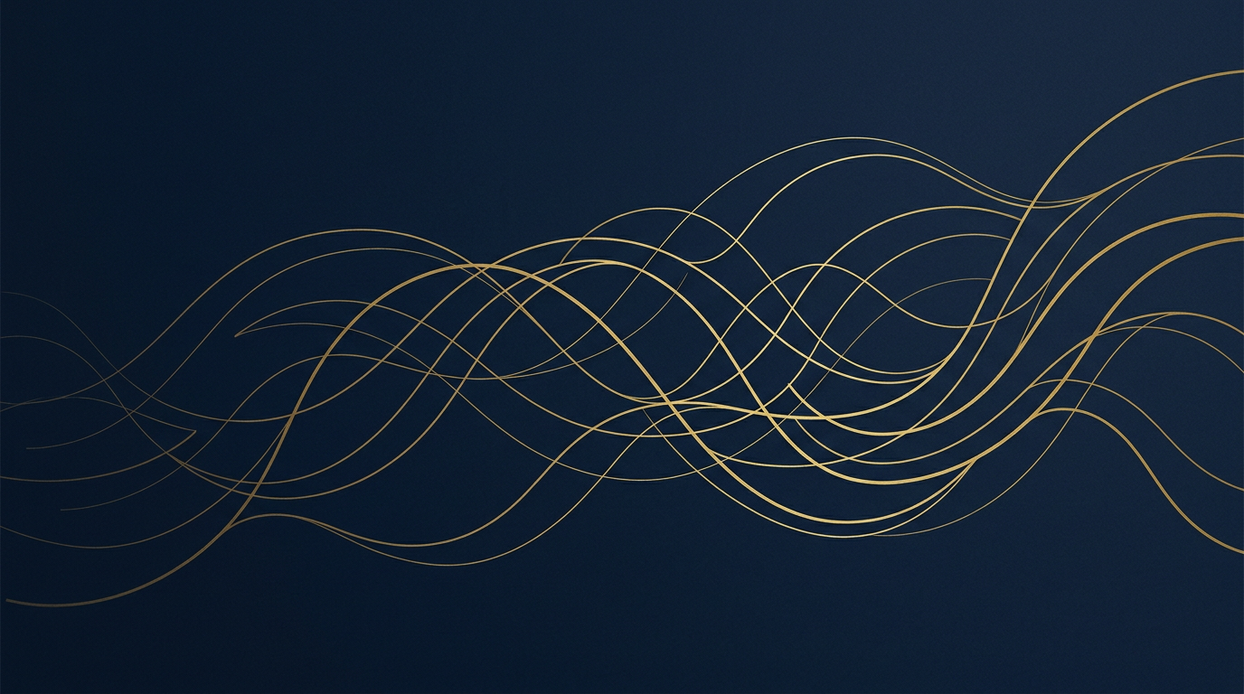 Abstract illustration with golden lines against a deep navy background, symbolizing connection and process for Canadian immigration.