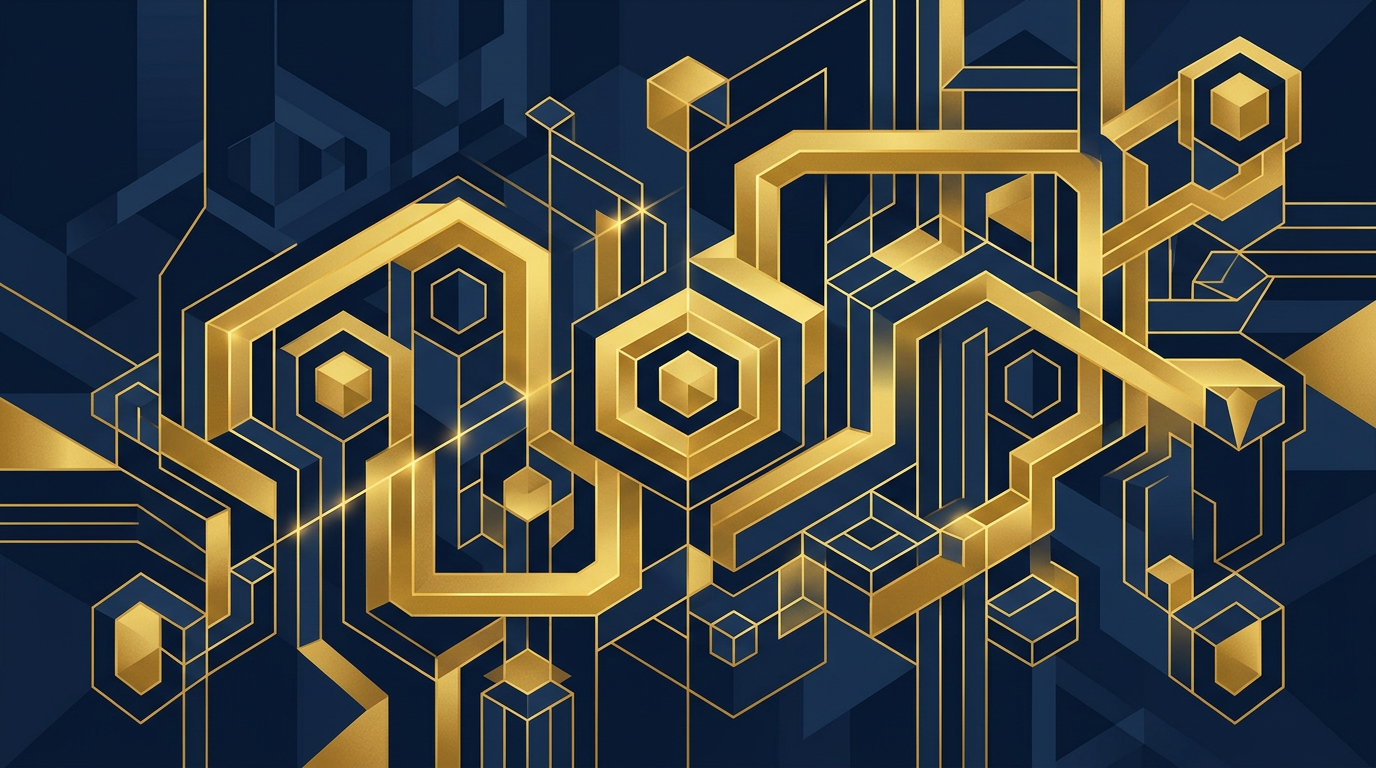 Abstract illustration with interconnected navy and gold geometric shapes, symbolizing regulatory clarity and business structure.
